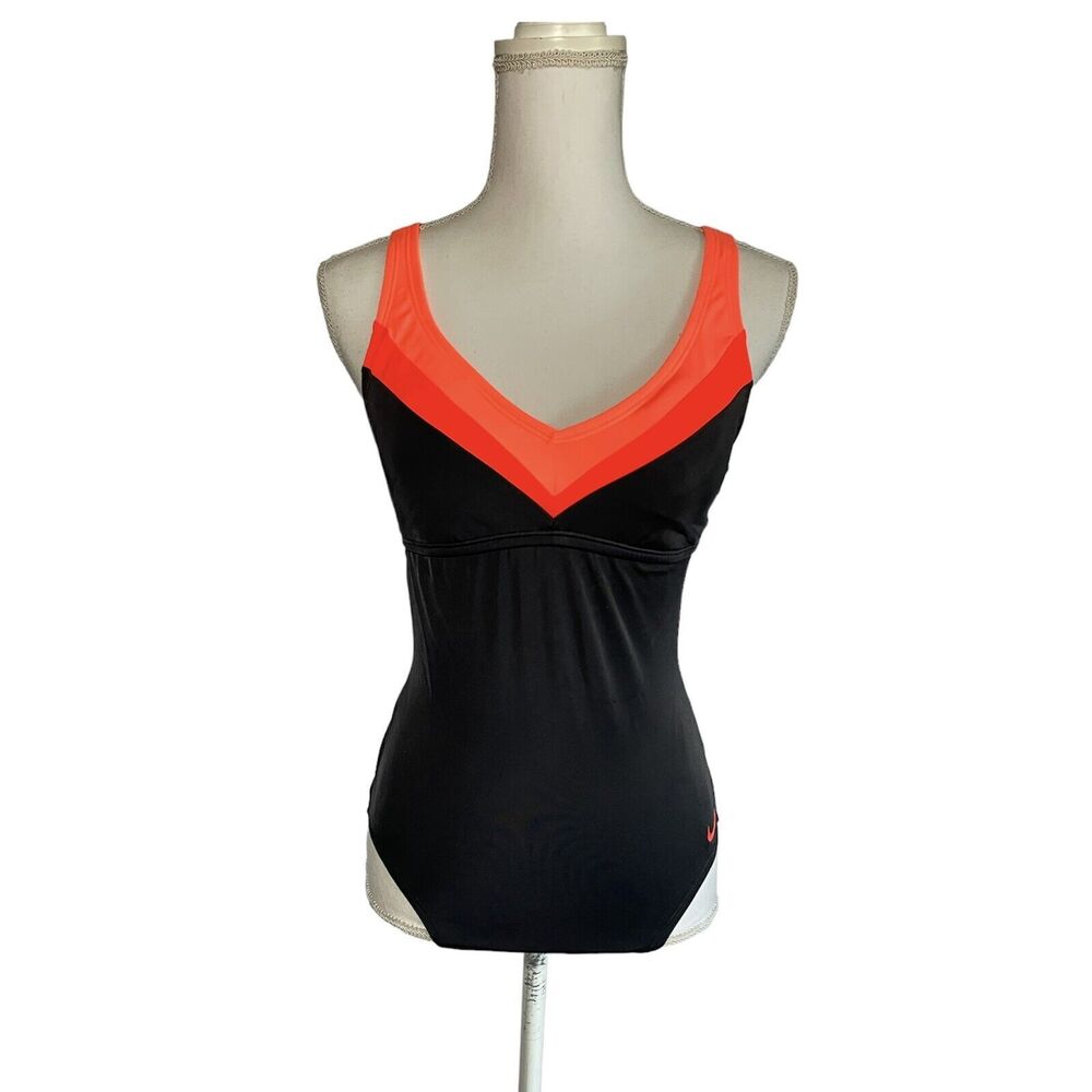 Nike Women's Size 8 One Piece Swimsuit - Black/Coral V-Neck Cutout Backless